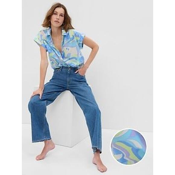 Gap Women's Button Up Top 2XL Tall Blue Spring Print Lightweight Short Sleeve - Picture 1 of 5